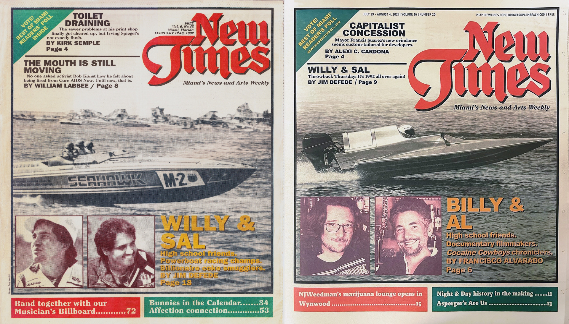 Miami New Times — Willy & Sal (Feb 1992) and Billy & Al (Jul–Aug 2021) covers