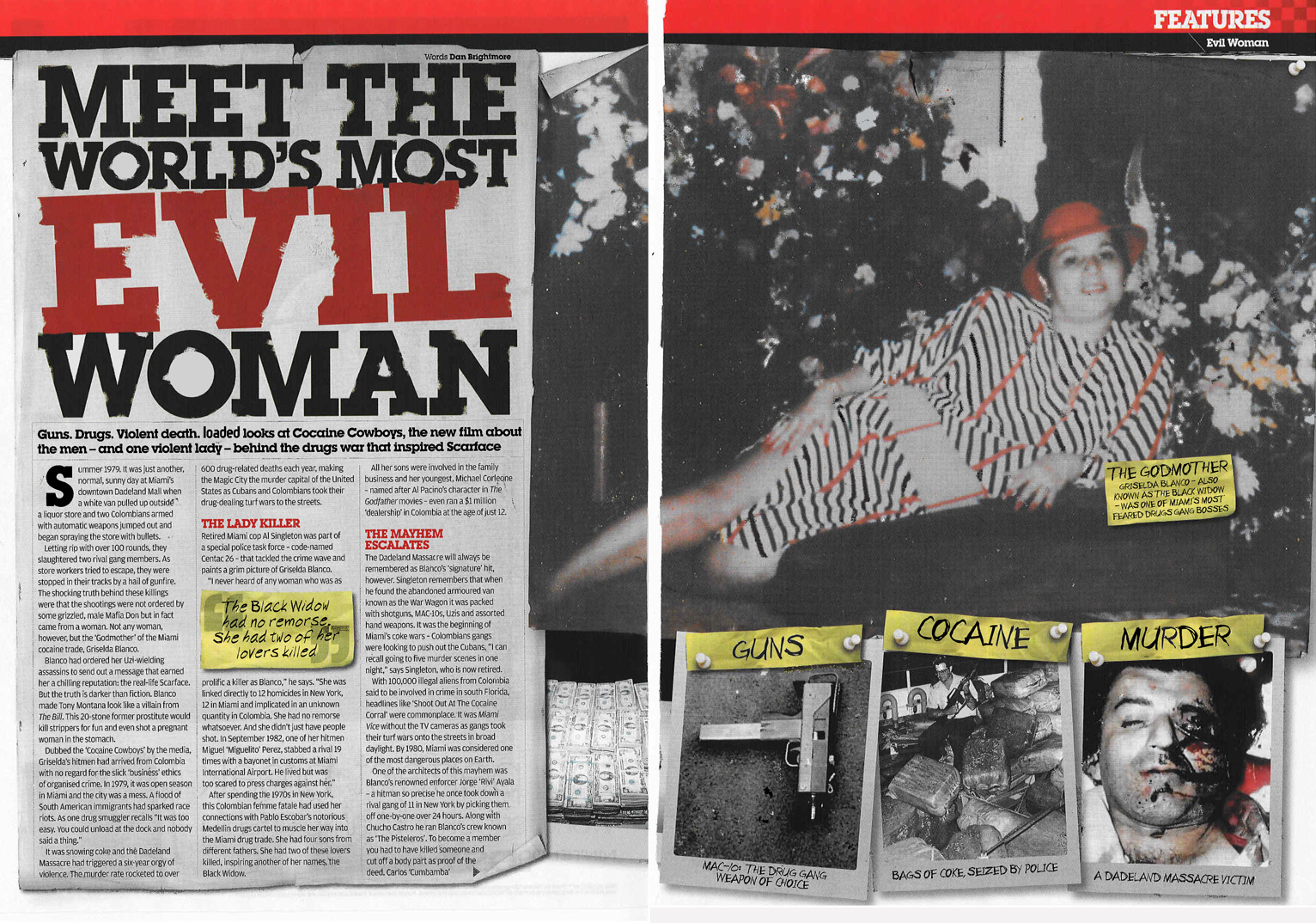 Loaded, "The Godmother / Out of Control / Cocaine Rogues / Meet The World's Most Evil Woman" — feature spread