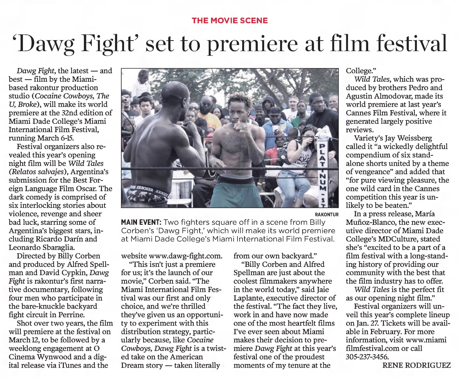 The Miami Herald, "'Dawg Fight' set to premiere at film festival" (January 15, 2015)
