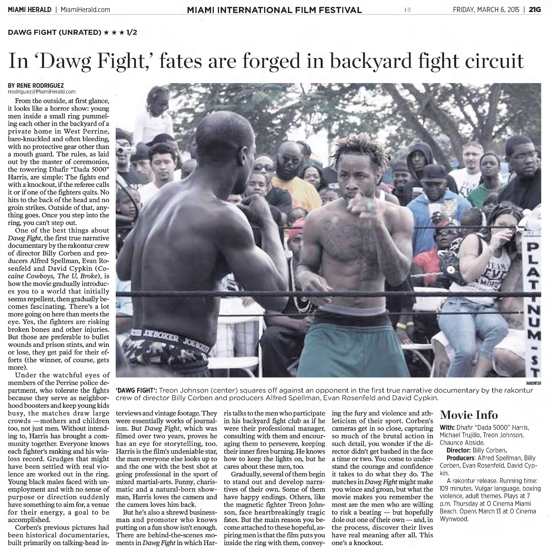 The Miami Herald, "In 'Dawg Fight,' fates are forged in backyard fight circuit" — ★★★½ review (March 6, 2015)