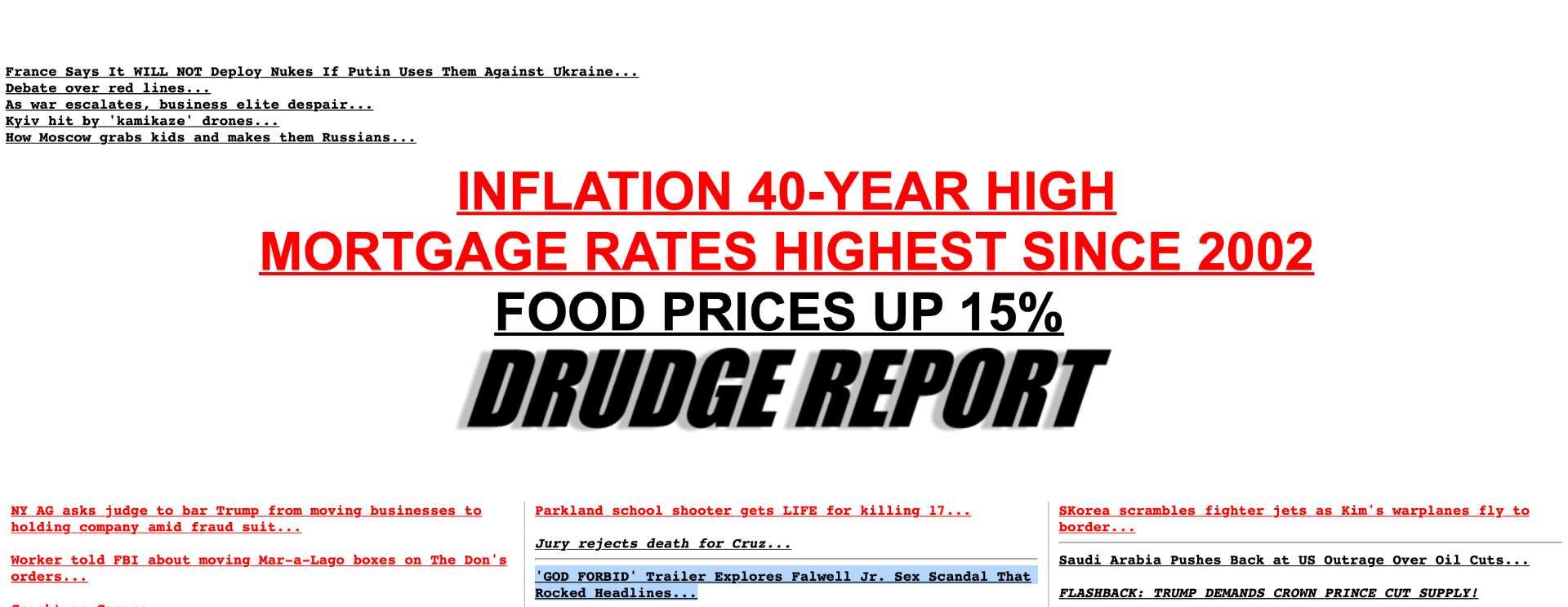 Drudge Report front page featuring the God Forbid trailer (Oct 13, 2022)