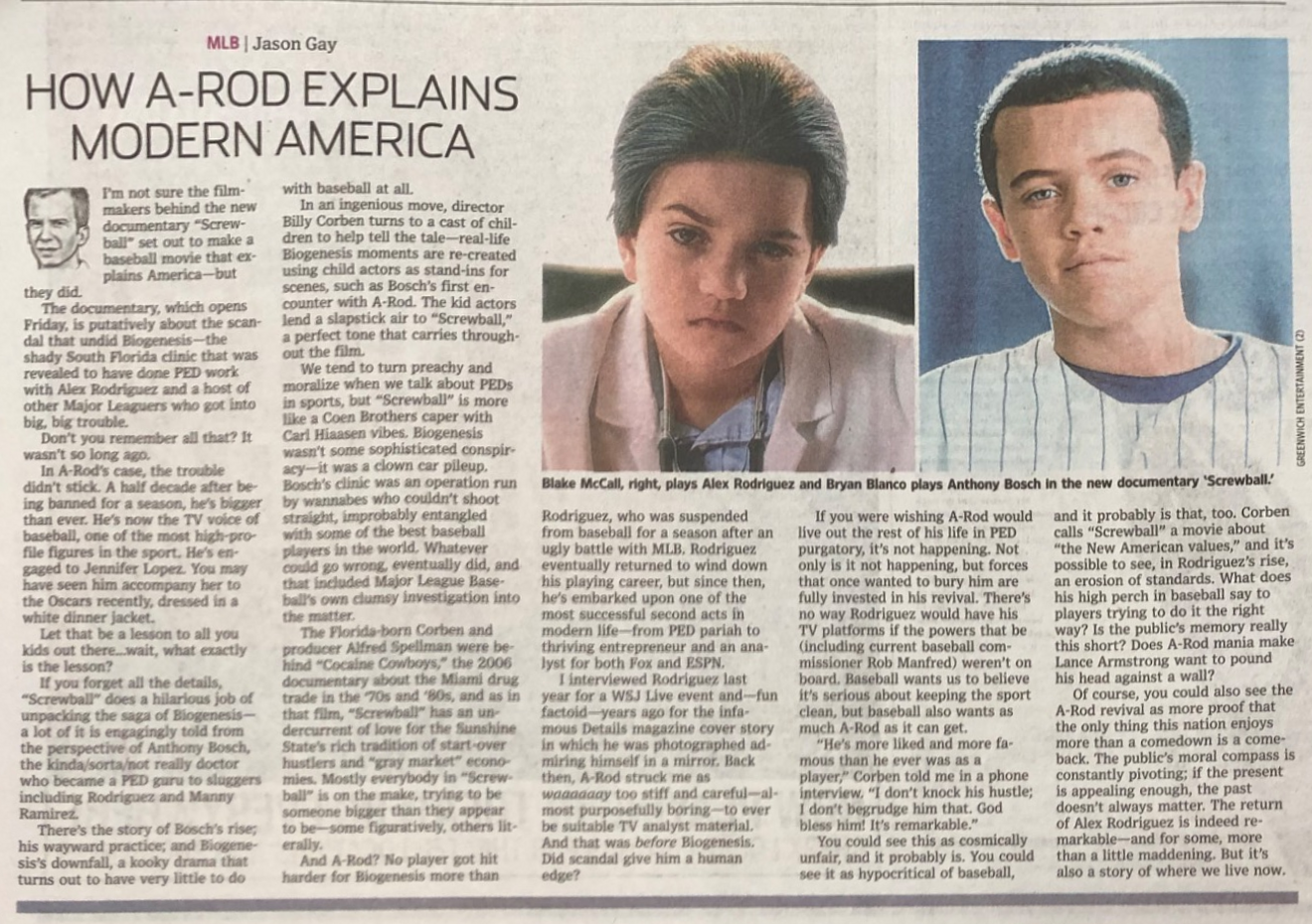 The Wall Street Journal, "How A-Rod Explains Modern America" by Jason Gay (March 29, 2019)