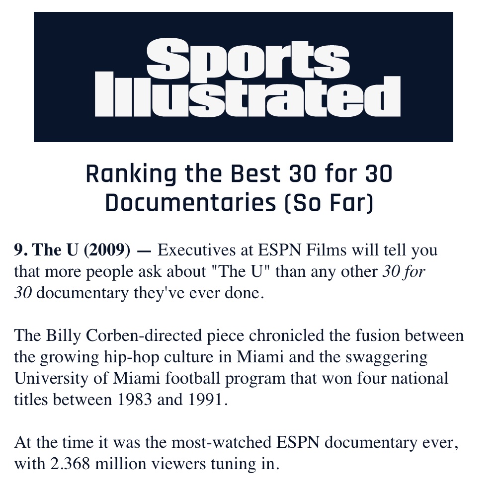 Sports Illustrated — "Ranking the Best 30 for 30 Documentaries (So Far)" — The U ranked #9
